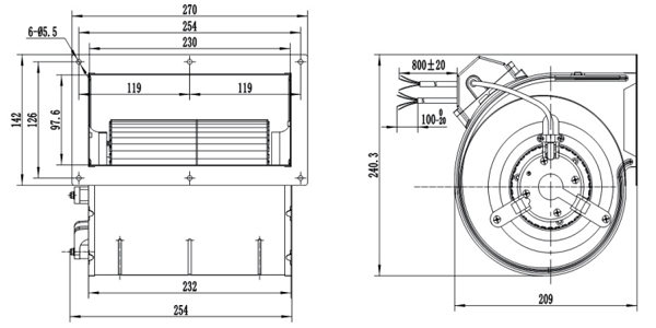 Dimension of SF146C-D092B Forward Curved Double Inlet Φ 146C-180