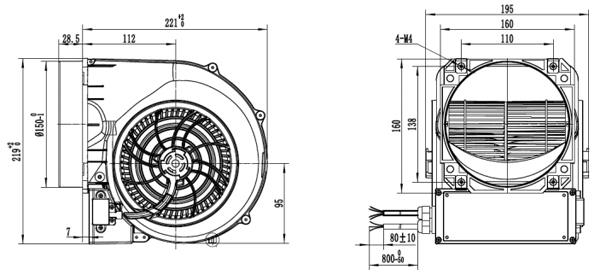 Dimension of SF146D-E092 Forward Curved Double Inlet Φ 146-150