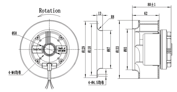 Dimension of BC133A-E072A3 Backward Curved Fan 2 Speed Stages Φ 133