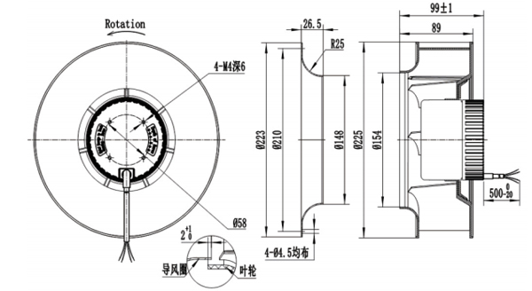 Dimension of BC225A-D092A Backward Curved Fan Φ 225-86