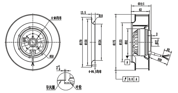 Dimension of BC175A-A092A2 Backward Curved Fan Φ 175-62