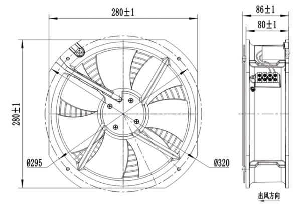 Dimension of AG250A-A092C2-00 Axial Fan 280-80A
