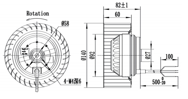 Dimension of DF140A-A092B2-00 Forward Curved Fan Φ 140-60